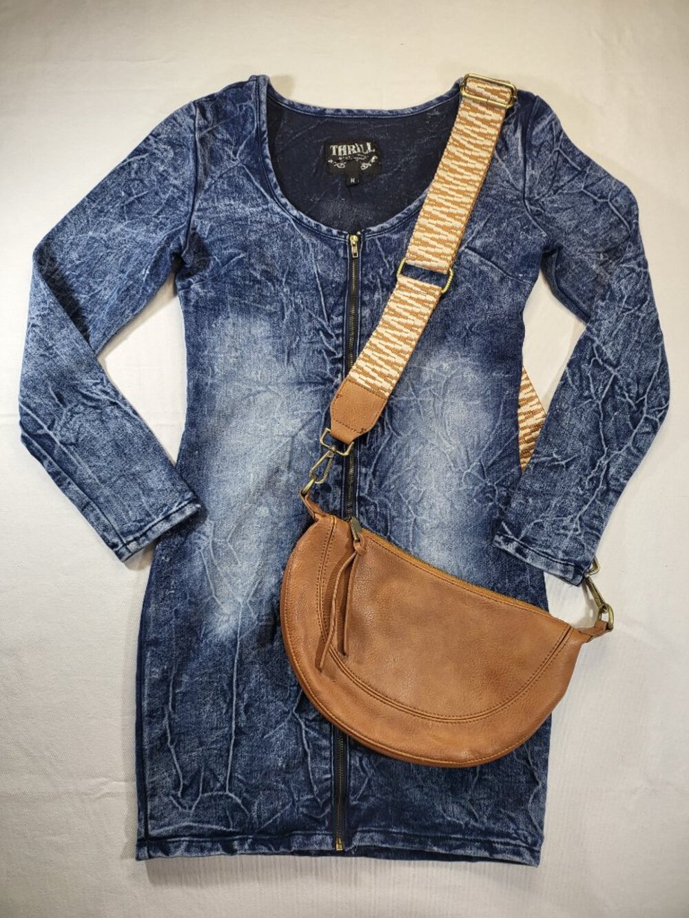 Thrill Y2K Acid Wash Stretch Denim Zip Front‎ Mini Dress M